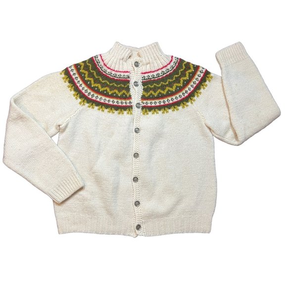 Vtg Handmade Icelandic Fair Isle Knit Wool Button Cardigan Sweater Womens Sz S - Picture 1 of 11